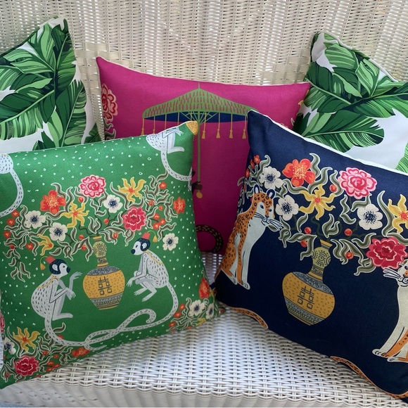 Pink Green Monkey / Blue Ginger Jars Pillow Cover w Insert 17.7” Grandmillennial - Picture 9 of 16